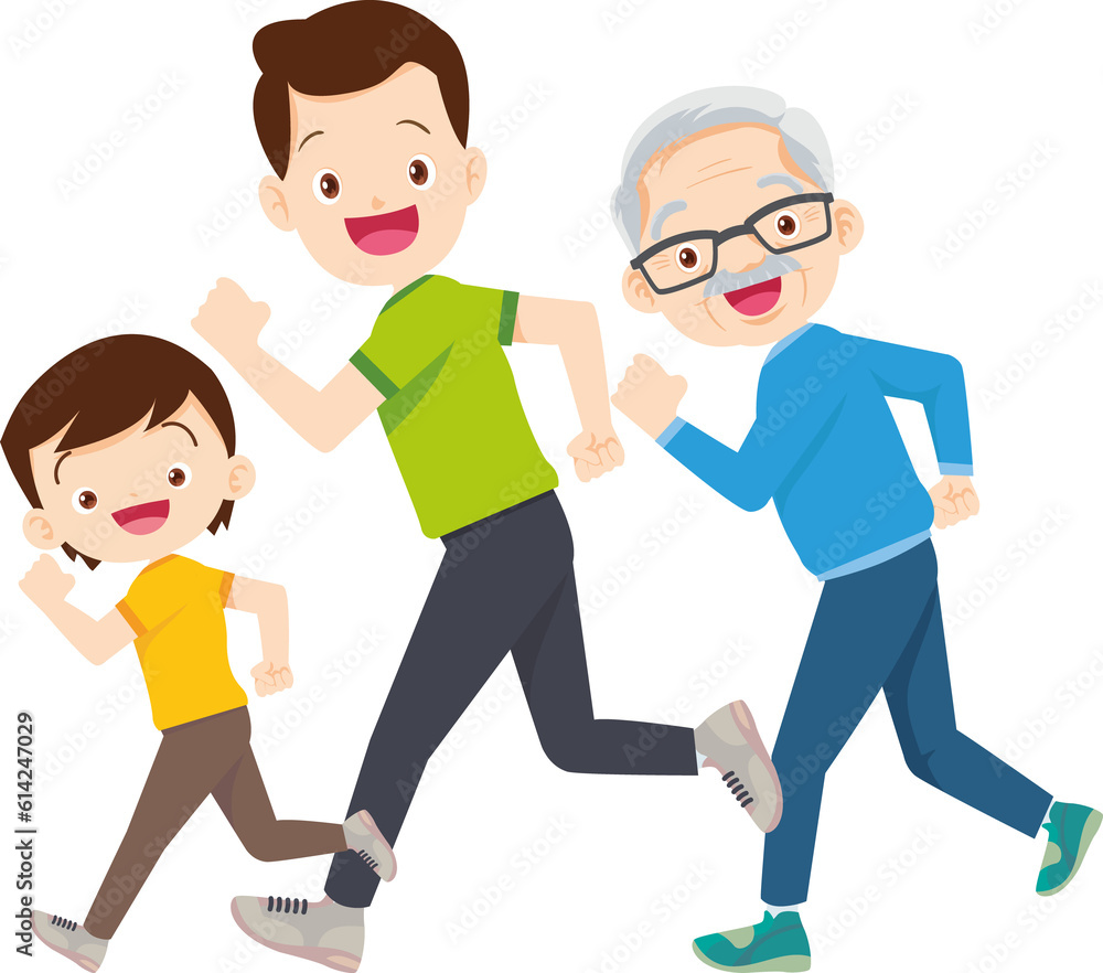 Fototapeta premium family exercising together For Good Health Grandfather grandmother father mother daughter son
