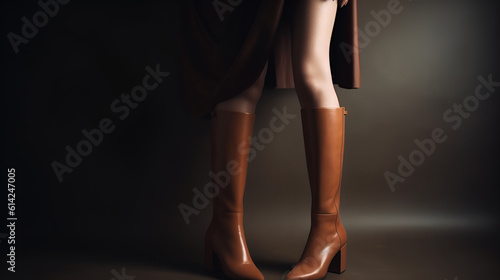 Woman wearing light brown knee high leather boots and a dark brown skirt, Generative AI