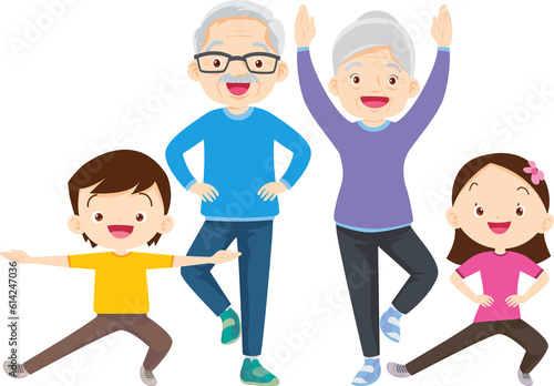 family exercising together For Good Health Grandfather grandmother father mother daughter son