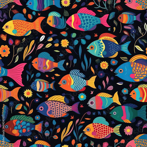 Fish folk art seamless repeat pattern [Generative AI] 