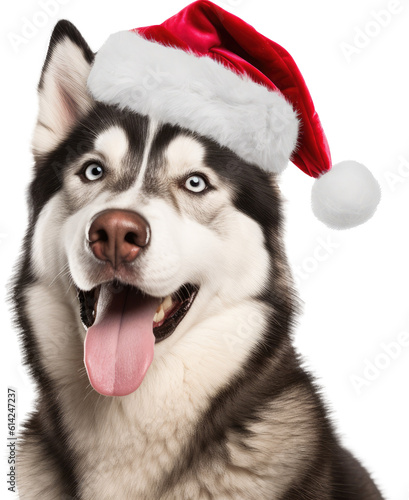 Portrait of a husky dog wearing a santa hat for christmas isolated on a transparent background, generative AI animal