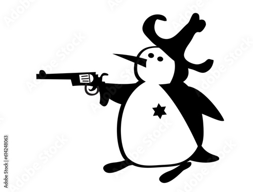 The life of penguins. Penguin in the wild west. Texas ranger is a real lawman. Comic character.