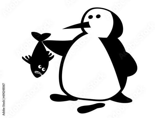 The life of penguins. The penguin ponders the fate of the fish he just caught. Comic character.