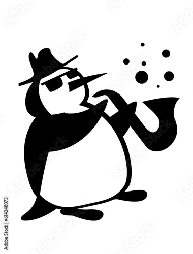 Penguin jazzman plays a complex jazz composition on the saxophone. Comic character.