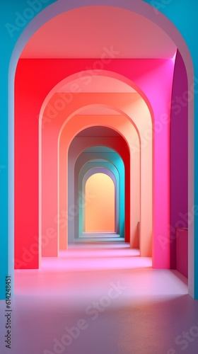 Decorative neon room with a tunnel. Generative AI