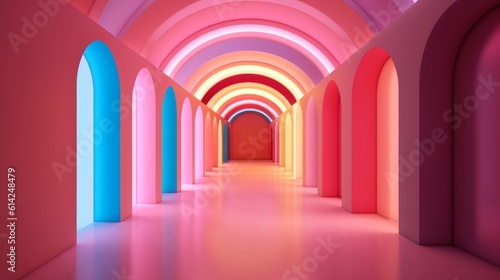 Decorative neon room with a tunnel. Generative AI