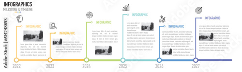 Milestone timeline infographic template or element with 6 year, 2022, 2023, 2024, 2025, 2026, 2027, step, process, option, colorful bar, minimal modern style for sale slide, planner, schedule, history