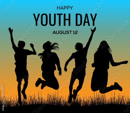 Hand Drawn Vector Illustration of International Youth Day 12th August With Sky and Sunset Background