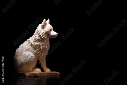 AI-generated illustration of a wood sculpture of a Samoyed dog. MidJourney.