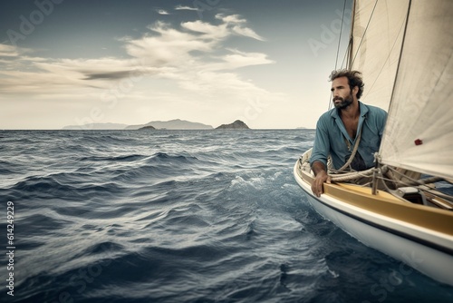 A lonely, handsome man sails his small boat, enjoying the sea breeze in solitude. Ai generated.