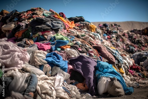 A pile of old clothes abandoned in a landfill, highlighting the need for recycling and sustainable fashion. AI Generated