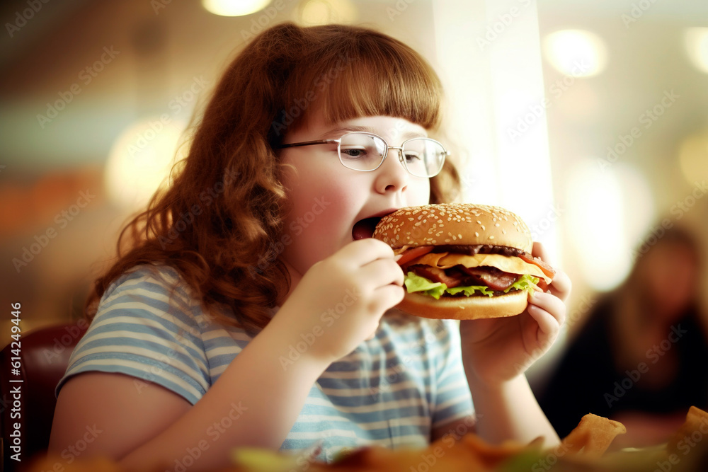 Girl eats a real meat hamburger, food with little nutritional quality. ai generated Girl eats a real meat hamburger, food with little nutritional quality. ai generated