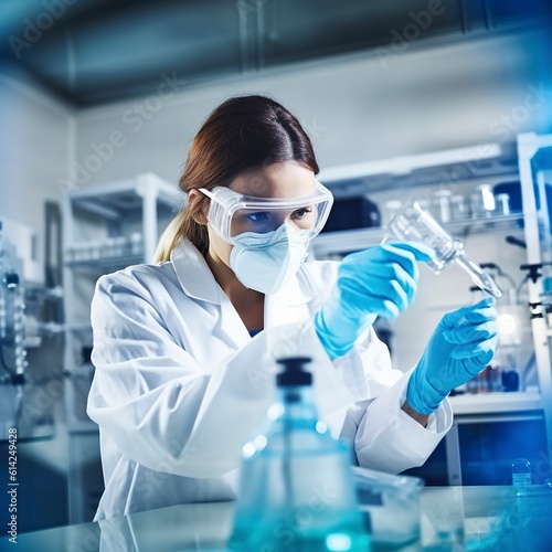 Female laboratory technician conducts chemical tests. Ai generated.