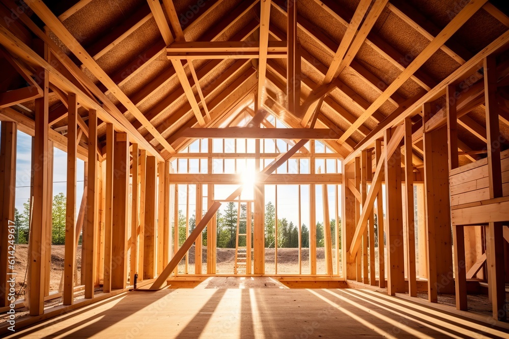 The wooden structure with beams and columns of a half-built house. Ai generated. The wooden structure with beams and columns of a half-built house. Ai generated.