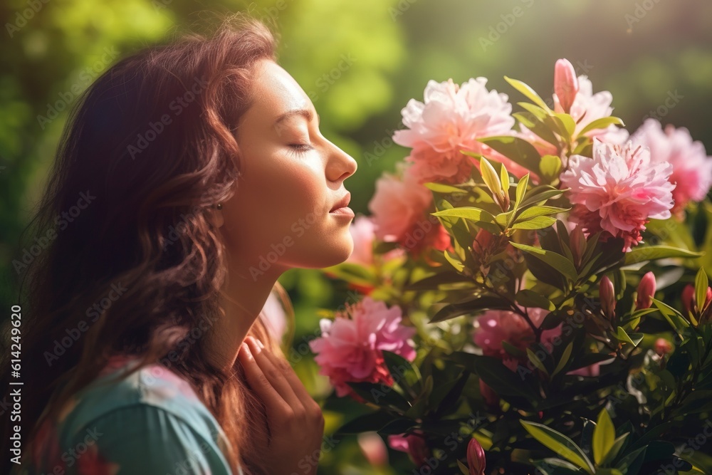 Naklejka premium With a sense of wonder and delight, a girl takes in the delightful fragrance of flowers in a blooming spring field, embracing the beauty of nature. AI Generated