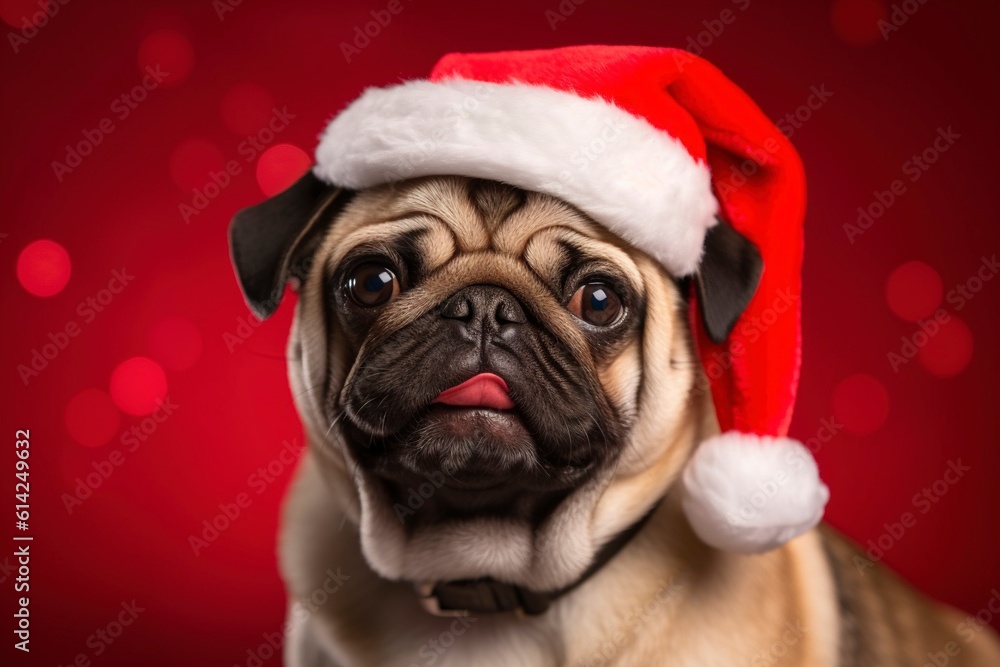 A charming dog wears a Christmas hat and poses against a vibrant red background. AI Generated.