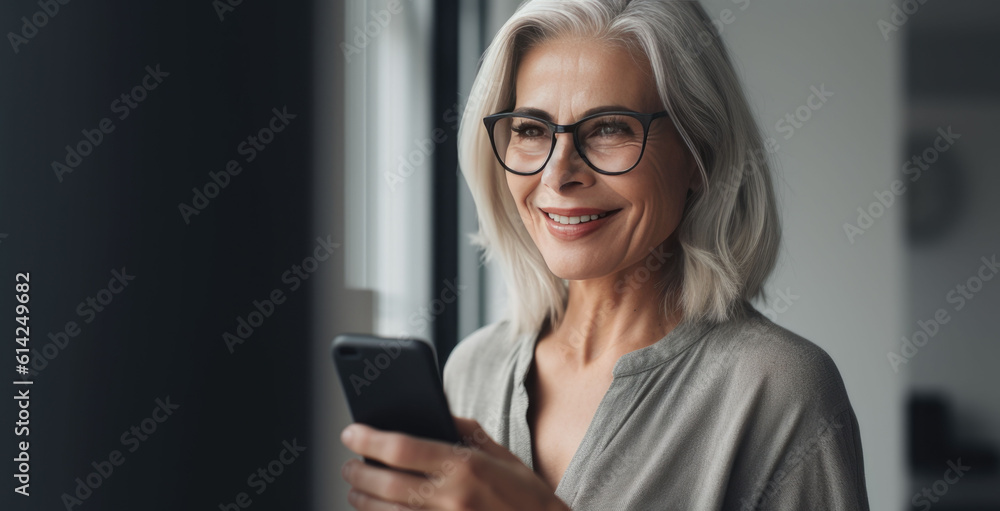  Mature business woman smiling and using a mobile phone in her office. Copyspace. Generative AI
