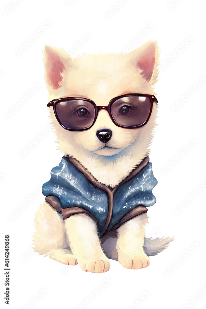 puppy with glasses, Watercolor, muted colors, png