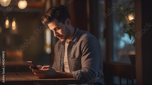 Smartphone prototype. Youthful male gripping a mobile device showcasing a pristine, vacant screen within a domestic setting. Independent work, connectivity, remote learning, online Generative AI