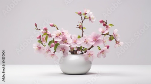 Realistic fruit tree branch with beautiful cherry or apple blossom in vase. Generative AI. Illustration for banner, poster, cover, brochure or presentation.