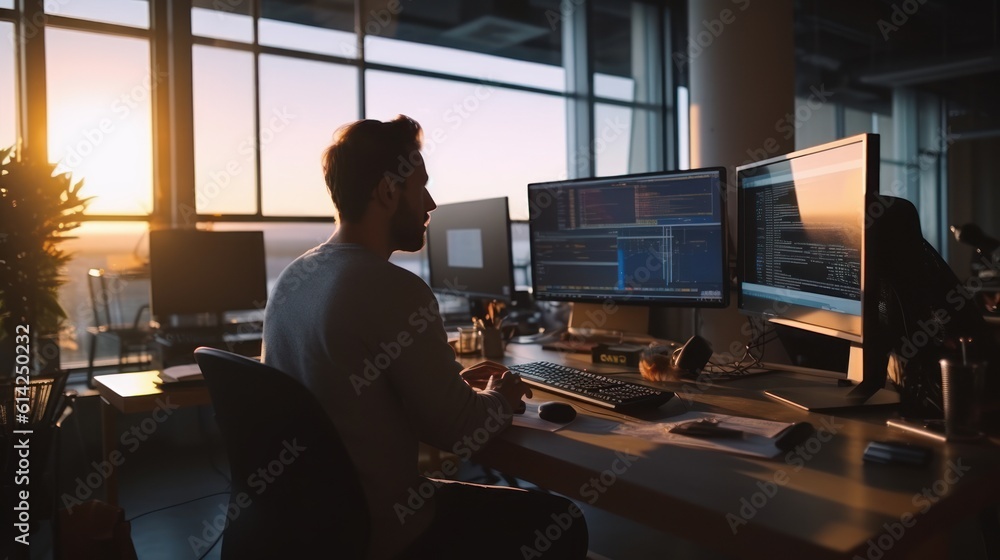 a young handsome guy programming and engineering on his computer and ...