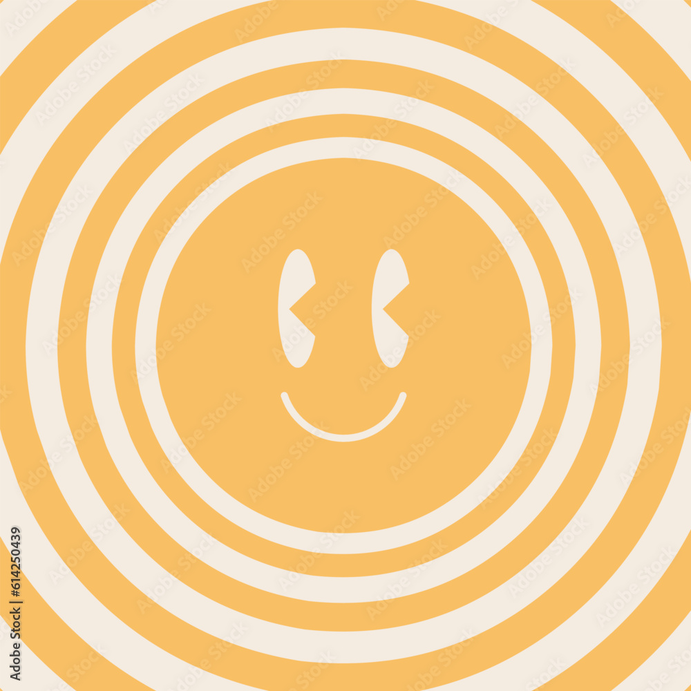 Obraz premium Retro 70s hippie groovy background, vector. Smiley. Yellow smiley, striped lines.