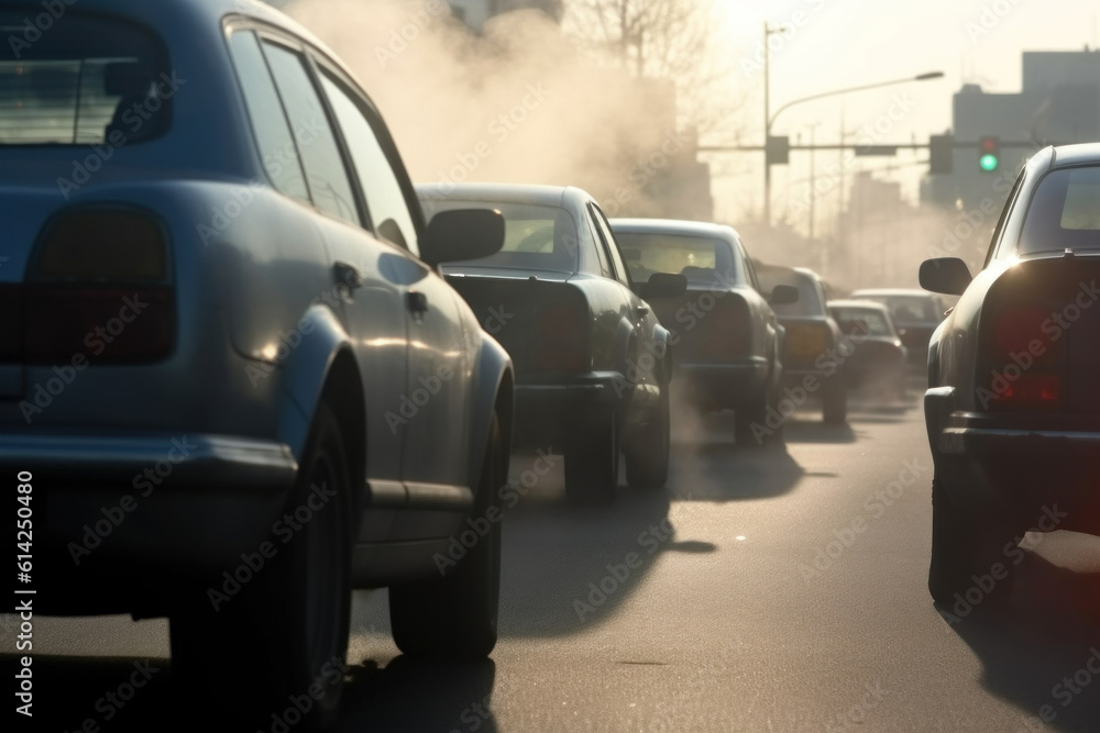 Back view cropped image of cars are driving a city with smoke rising. Pollution from the exhaust of cars in the city. AI generative