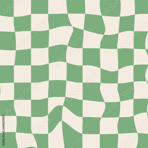 Retro 70s hippie groovy background, vector. Green checkered pattern. Green distorted checkered pattern.