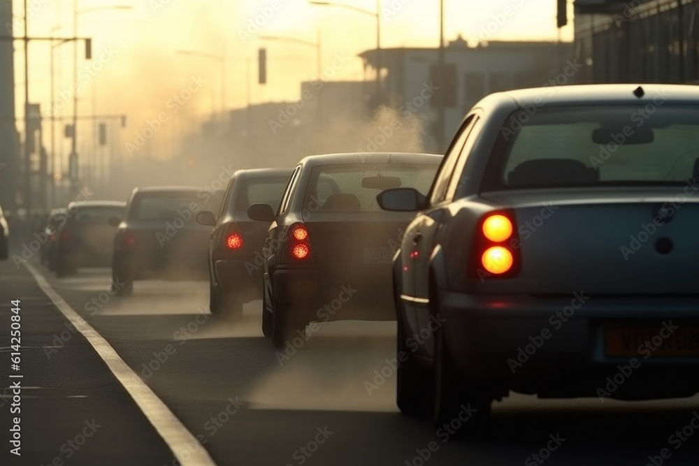 Back view cropped image of cars are driving a city with smoke rising. Pollution from the exhaust of cars in the city. AI generative