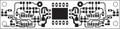 Electric background. Vector pcb pattern. 
Printed circuit board of an electronic 
device with electrical
conductors, microcontroller and contact pads placed on it.  Engineering drawing.