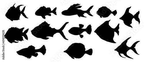 Set of silhouettes of various fishes. Vector graphics.