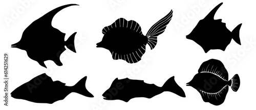 Set of silhouettes of various fishes. Vector graphics.
