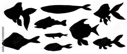 Set of silhouettes of various fishes. Vector graphics.