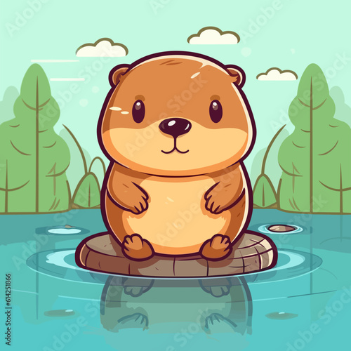 Cute little cartoon kawaii anime character beaver. Pet Animal. Flat vector illustration clipart for children. Minimalistic design for sublimation printing on T shirts. Print