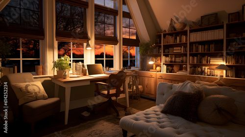 A cozy home office with warm lighting, comfortable furniture, and personal touches.