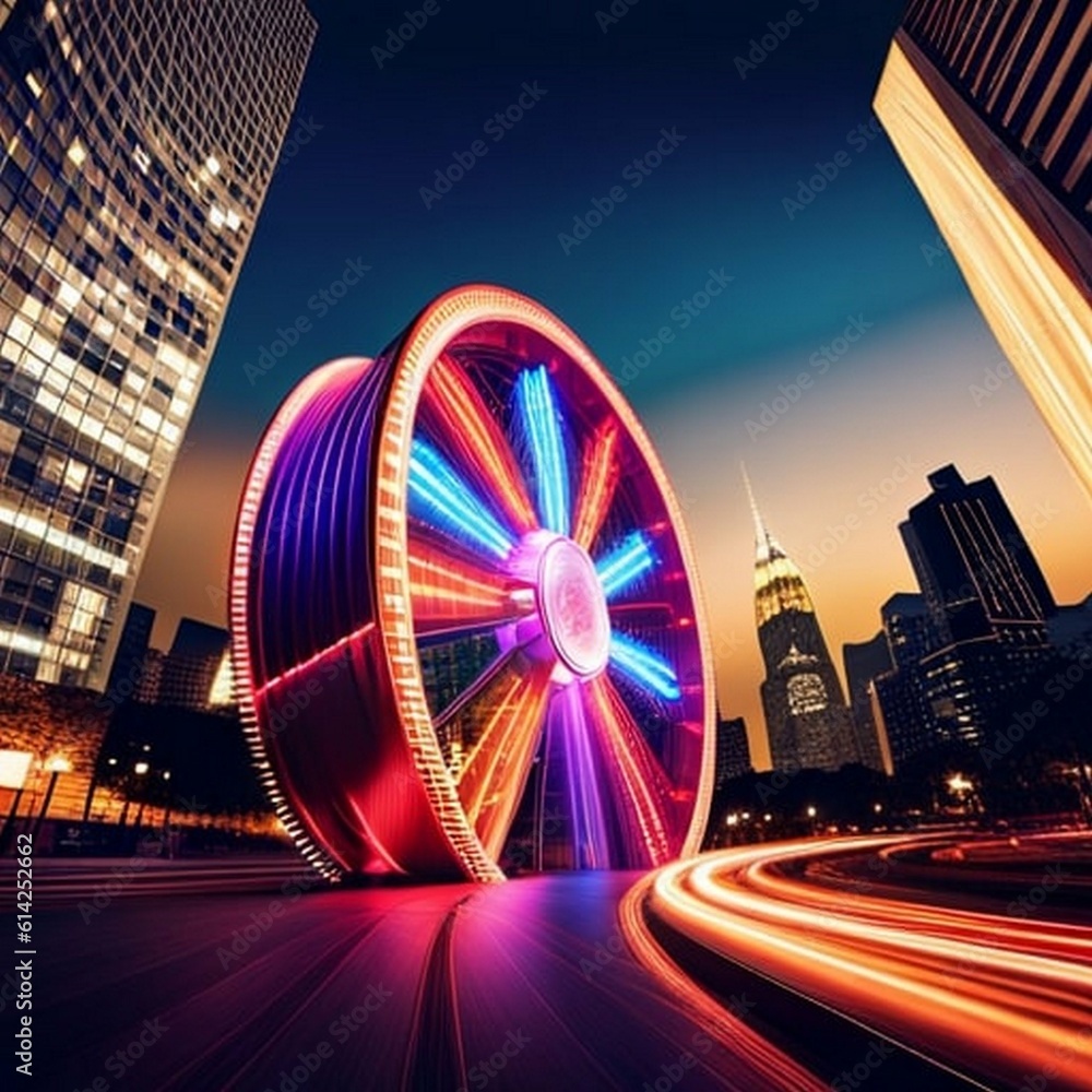 giant hamster wheel in the middle of a city, with skyscarpers and busy ...