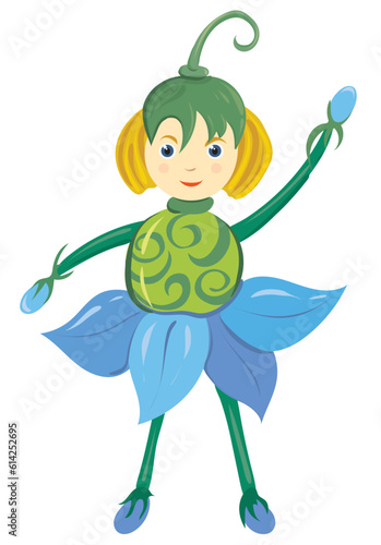 Fairy girl - a bell in a skirt of leaves and a cute hat. Isolated vector image on a white background.