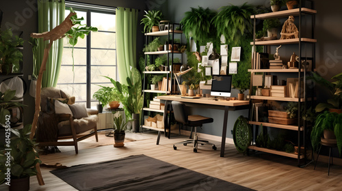 A nature-inspired home office with greenery, natural materials, and a calming atmosphere.