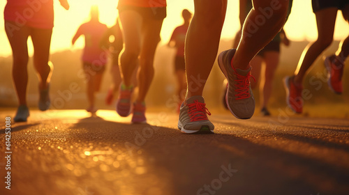 Group of runners during sunrise, close up leg shot with warm backlight. Generative AI