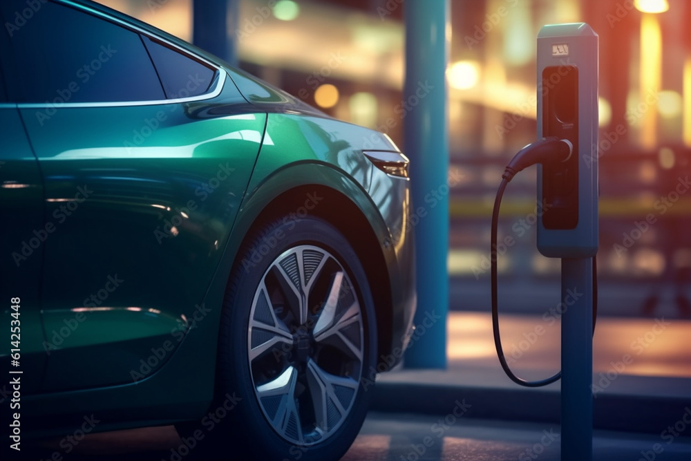 Closeup of electric vehicle plugged in with EV charger device from blurred background of public charging station powered by renewable clean energy progressive eco - friendly car concept. AI generative Closeup of electric vehicle plugged in with EV charger device from blurred background of public charging station powered by renewable clean energy progressive eco - friendly car concept. AI generative