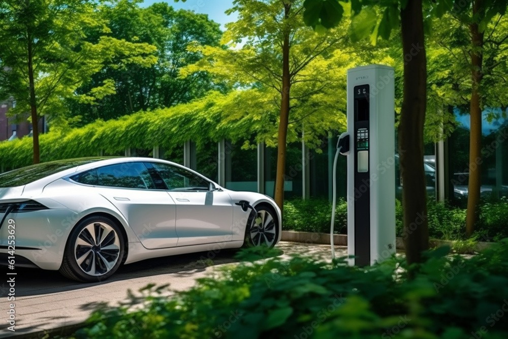 Side view of electric vehicle EV hybrid car next to public charging