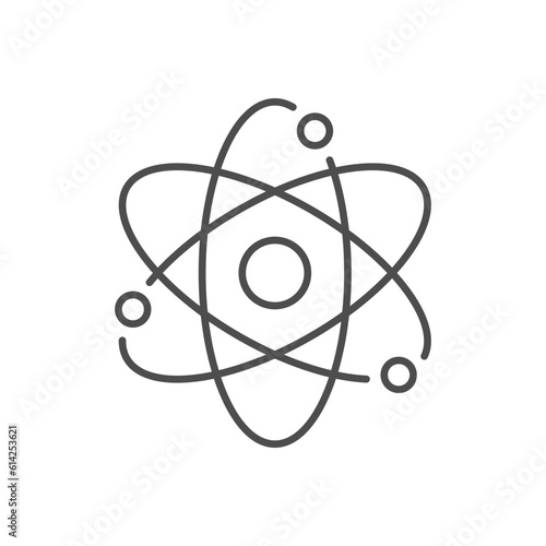 Atom related vector line icon. Vector outline illustration Isolated on white background. Nuclear energy source. Atom core with electrons orbits. Science, physics and chemistry symbol. Editable stroke