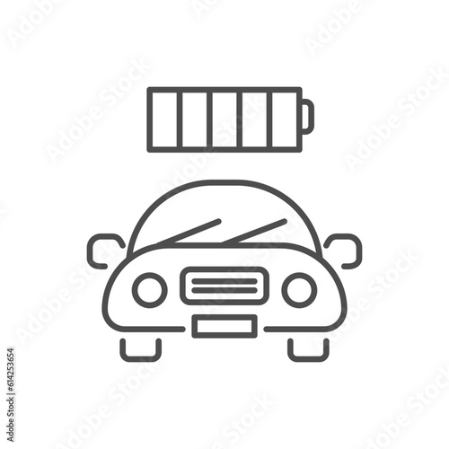 Electric car related vector linear icon. Eco friendly auto. Green vehicle. Automobile with battery. Vector outline illustration Isolated on white background. Editable stroke