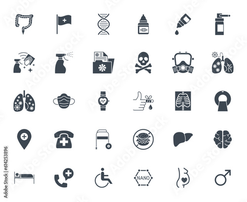 Medical Vector Icons Set. Glyph Icons, Sign and Symbols in Solid Design. Medicine, Health Care and Coronavirus COVID 19 pandemic. Mobile Concepts and Web Apps. Modern Infographic Logo and Pictogram