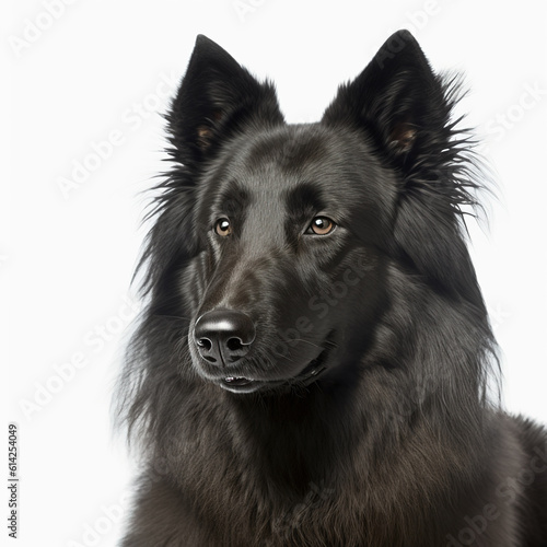 Cute black groenendael sheepdog portrait with the curiosity and innocent look as concept of modern happy domestic pet in ravishing hyper realistic detail isolated on white background by Generative AI. photo
