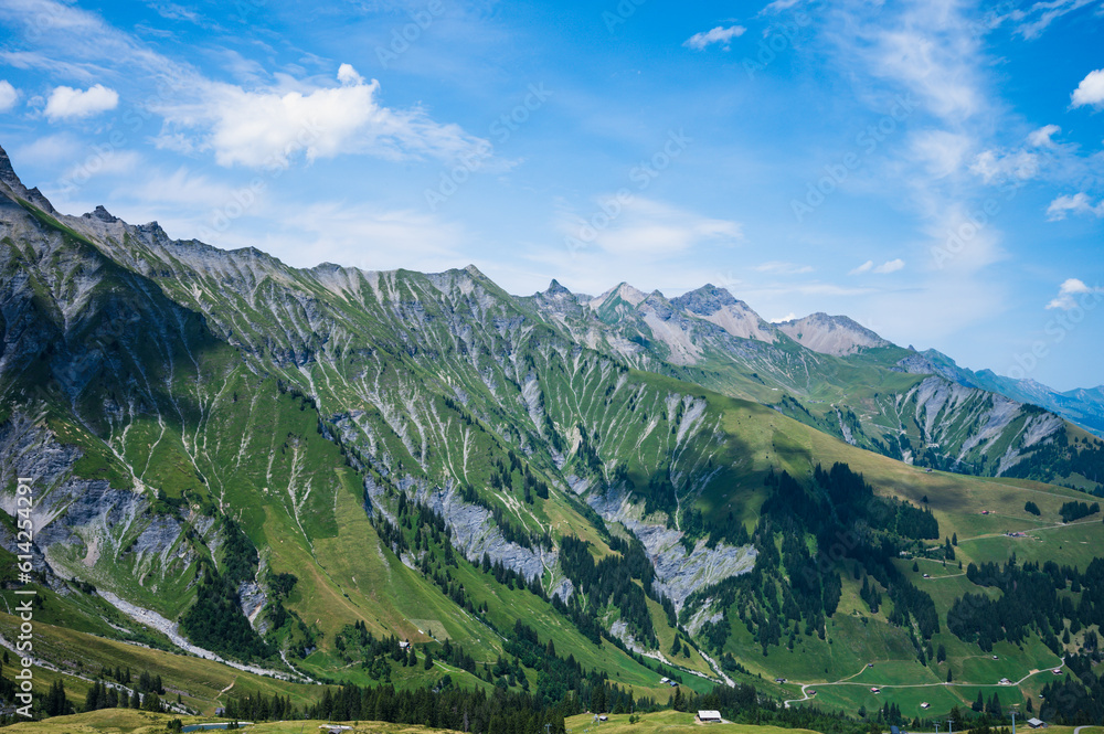 Fototapeta premium Adelboden, Switzerland - July 24, 2022 - Summer view of Adelboden village and city center