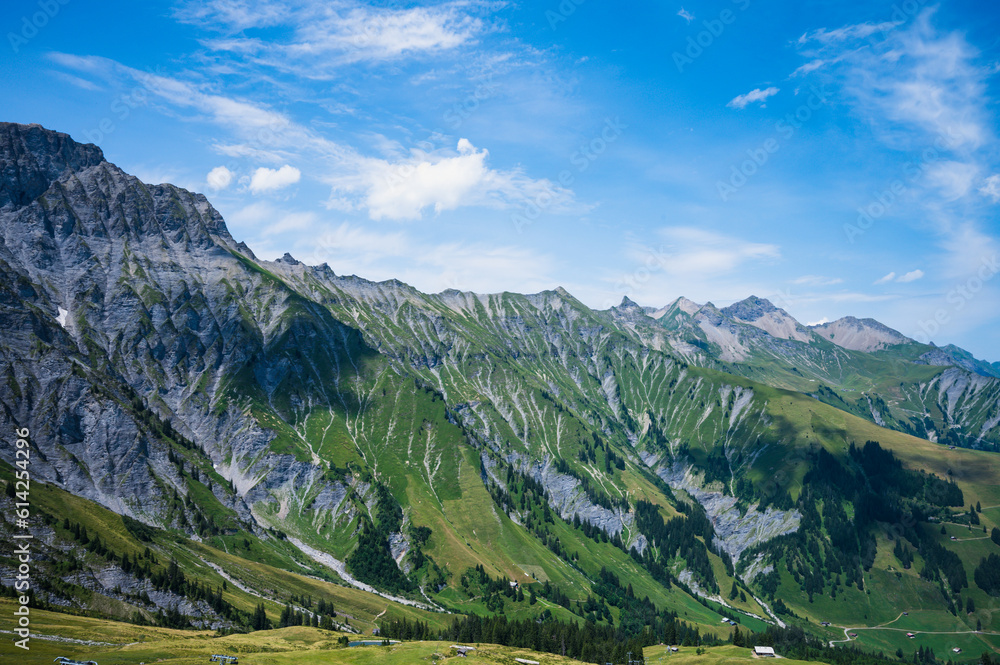 Fototapeta premium Adelboden, Switzerland - July 24, 2022 - Summer view of Adelboden village and city center