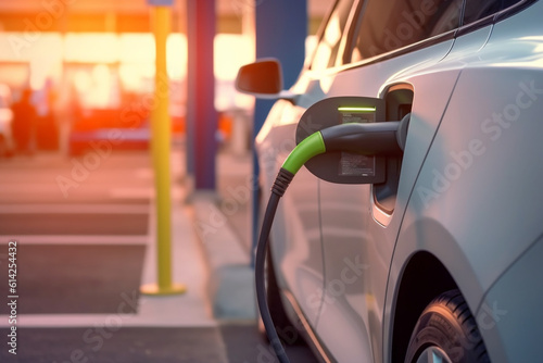 Closeup of electric vehicle plugged in with EV charger device from blurred background of public charging station powered by renewable clean energy progressive eco - friendly car concept. AI generative © Elena
