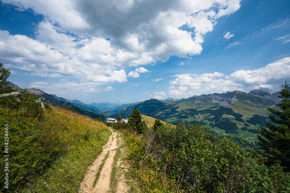 Naklejka premium Adelboden, Switzerland - July 24, 2022 - Summer view of Adelboden village and city center