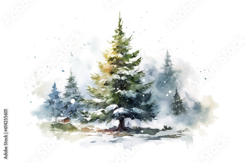 Watercolor card with Christmas tree and winter forest on a white background. AI generated